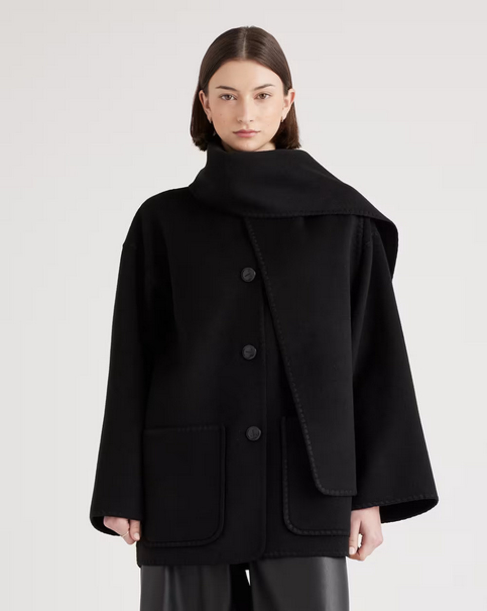 Quince Double-Faced Merino Wool Scarf Coat Black Small NWOT